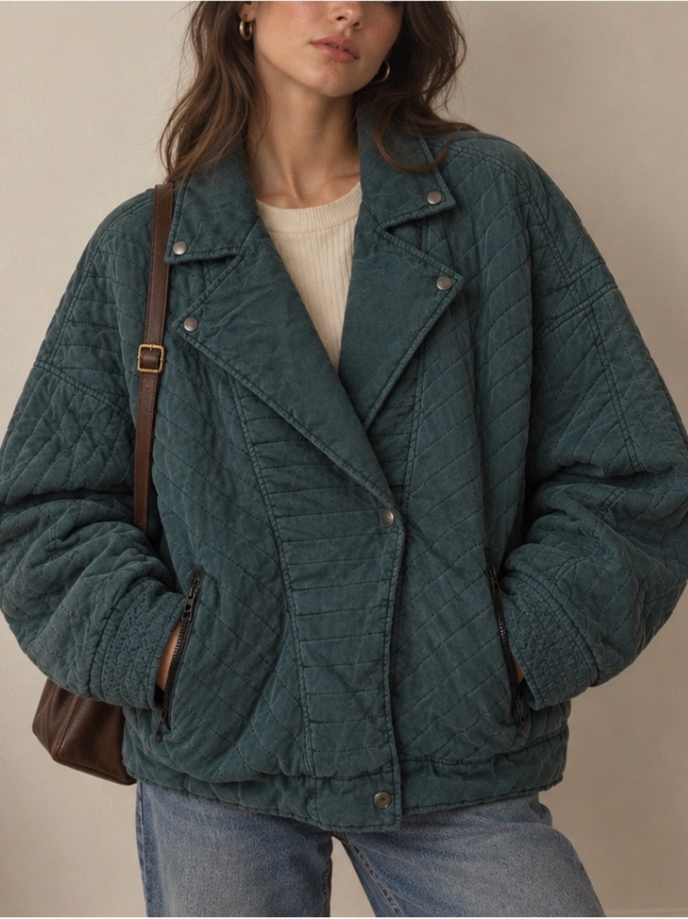 Blank NYC Quilted Jacket Moto Biker Oversized Green Women’s Size L Boho Grunge